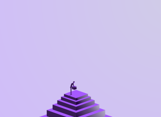 Person reaching the top of a stepped pyramid, representing achievement or progress.