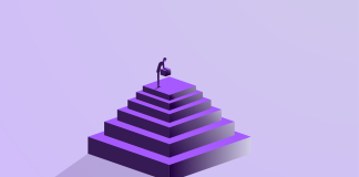 Person reaching the top of a stepped pyramid, representing achievement or progress.