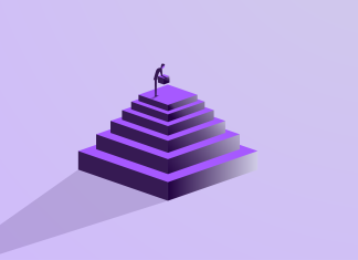 Person reaching the top of a stepped pyramid, representing achievement or progress.