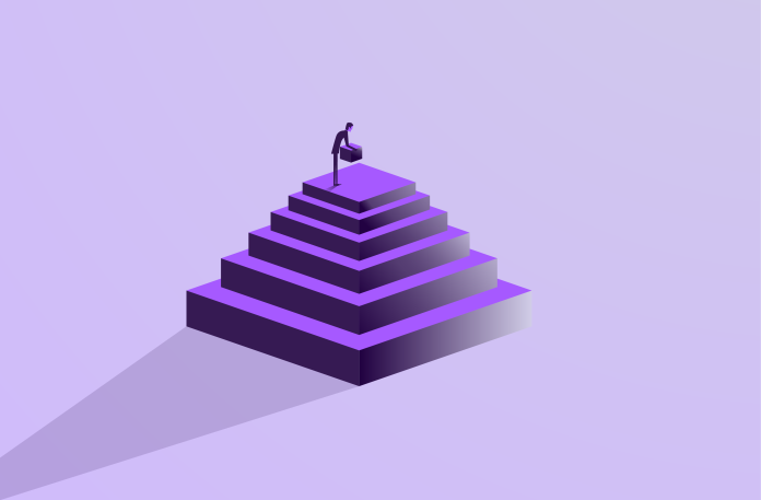 Person reaching the top of a stepped pyramid, representing achievement or progress.